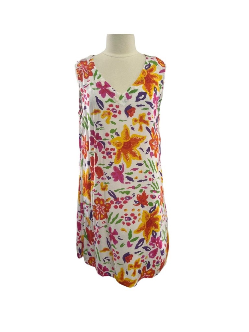 Pineapple Cove Floral Dress Sleeveless 1X White Tropical Summer